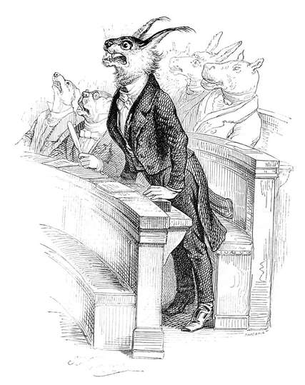 A lynx with anthropomorphic features stands up to speak from the benches of the parliament.