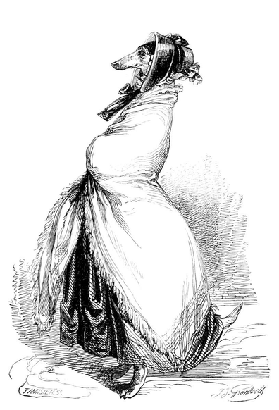A female greyhound with anthropomorphic features is seen from the side, wearing a poke bonnet and holding her mantle close to her body.