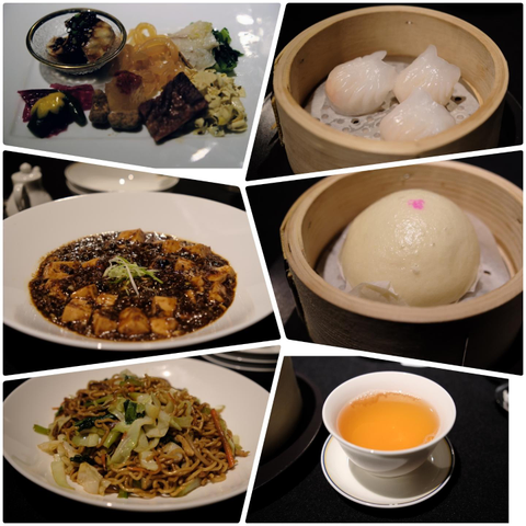 A collage of Chinese dishes: assorted appetizers, steamed shrimp dumplings, mapo tofu, steamed bun with sweet red bean paste, fried noodles, jasmine tea