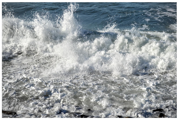 A high contrast, close up photograph capturing the moment a large, powerful wave violently crashes onto a rocky shore, sending a dramatic plume of bright white spray high into the air against the dark blue ocean water. The foreground is filled with churning white foam and sea spray.