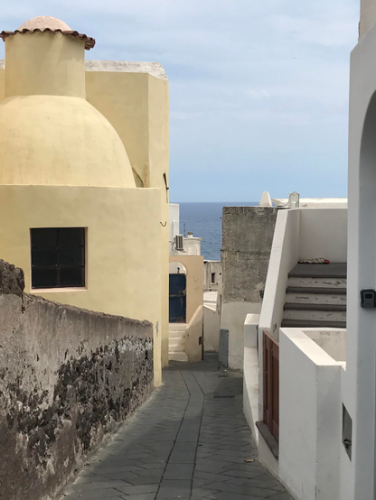 Une rue pavée de gris, en pente; les murs des habitations sont enduits de chaux; l’un d’eux, sur la gauche, est peint en jaune; son toit est arrondi et coiffé d’une large cheminée