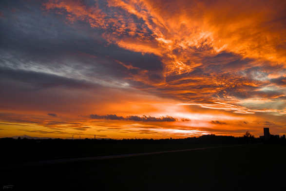 Dieses Foto zeigt einen atemberaubenden Sonnenuntergang mit einem dramatischen Himmel über Wien. Die Wolken sind in leuchtenden Orange-, Rot- und Gelbtönen gefärbt, während sich im Hintergrund tiefere Blau- und Grautöne abzeichnen. Die Wolkenformationen sind dynamisch und wirken fast wie Pinselstriche am Himmel. Am Horizont sind Silhouetten von Bäumen, Gebäuden und den ersten Bergen der Alpen zu erkennen, die sich dunkel gegen den farbenfrohen Himmel abheben. Das Bild vermittelt eine ruhige, aber gleichzeitig kraftvolle Stimmung.