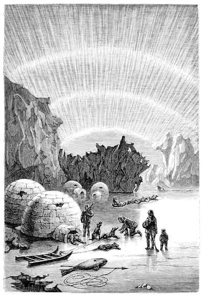 View of an ice field surrounded by cliffs, featuring igloos and people on sleighs or playing with dogs, with bright, radiating sunlight filling the sky.