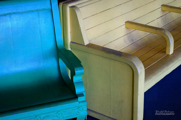 Brightly covered train station benches provide a place for visitors to the National Museum of Transportation to rest during their visit.