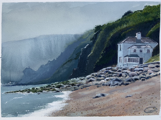 A watercolour and gouache painting of a house by the sea with cliffs behind.