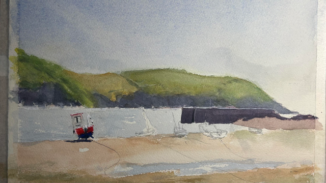 A watercolor painting depicting a coastal scene. The foreground features a small boat on sandy shore, with a few boats on the beach. The background includes rolling green hills under a light blue sky.