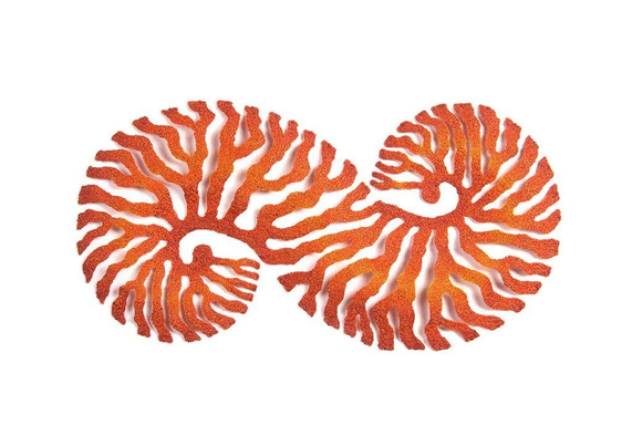 A vibrant orange coral-shaped sculpture shaped like an infinity symbol, resembling marine flora against a white background.