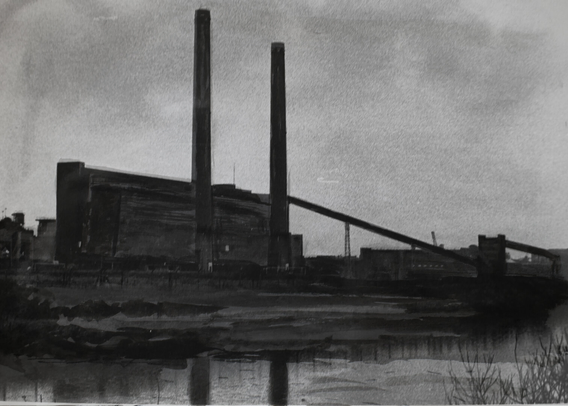 Two tall chimneys rise from a coal-fired power station beneath a heavy sky. Reflected in still water, the dark structures and rough ink textures evoke both industrial power and the melancholy of a vanished landscape.