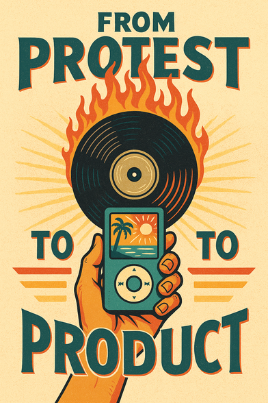 From Protest to Product illustration showing radical music being commodified. Depicts a burning LP record and a hand holding an IPod showing a palm tree and sun to indicate that radical music has been reduced into the novelty of a tropical paradise.