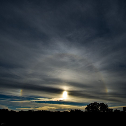 Das Foto zeigt den Himmel während des Sonnenuntergangs. Die Sonne scheint durch dünne Wolken und erzeugt dabei einen Halo – einen leuchtenden Ring um die Sonne. Zusätzlich sind zwei Nebensonnen (Parhelia) links und rechts der Sonne sichtbar, die wie kleine Lichtflecken oder Regenbögen wirken. Am unteren Bildrand heben sich die dunklen Silhouetten von Bäumen gegen den farbenfrohen Himmel ab. Die Stimmung ist mystisch und beeindruckend.