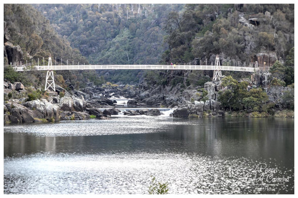 A photograph signed by Kev Peirce showing the Alexandra Suspension Bridge across the Cataract River in Launceston's Cataract Gorge.

The white, truss style bridge spans the water, supported by white towers on either bank. A wide, still section of the river is in the foreground, leading to rocky rapids and a small weir beneath the bridge.

The steep banks and hillsides are covered in dense, dark green and grey-brown Australian bushland.