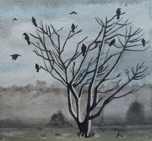 A watercolor illustration of a tree with a bunch of crows perched atop it