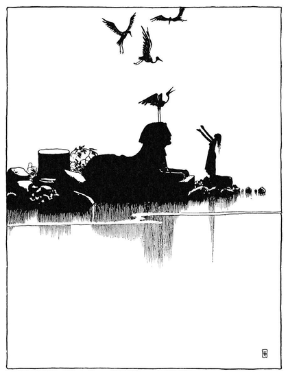 A female figure is silhouetted facing a sphinx on a strip of land jutting into a lake. She stretches out her arms toward a stork perched on the head of the statue.