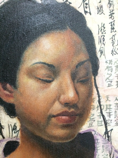 A close up of an acrylic painting I did in 2010, it features an Asian woman painted with acrylics, the background features kanji writing. This painting took me 4 months to complete and then I won first prize in a studio show.  