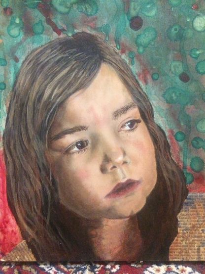 A portrait I did of my daughter when she was 7 years old, the background is green to red abstract gradient. Acrylic and alcohol inks