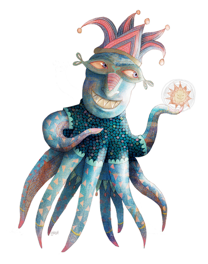 On a bright white background, an electric blue octopus-like creature floats, gazing with good humor at a glowing sun balanced on the end of one tentacle. Dressed in his best polka-dot shirt and jesters hat, he has just told one of his favorite jokes and is waiting for her giggle.