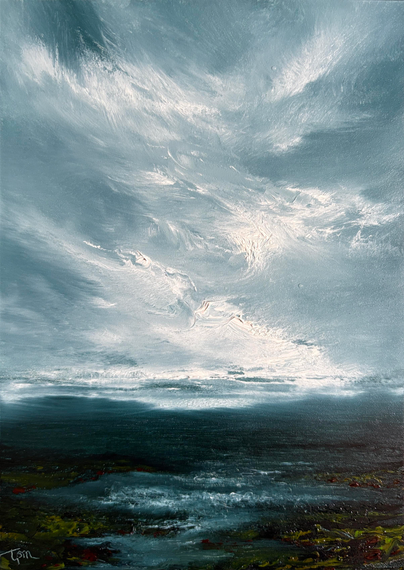 Original seascape oil painting by Tisha Mark, "Knowing Glances" 7"x5" oil on Ampersand Gessobord (2025). This painting has white textured clouds in a moody gray-blue sky over a dark blue sea that is meeting a rocky shore. There are delightful bits of green moss and red algae or seaweed on the rocks.