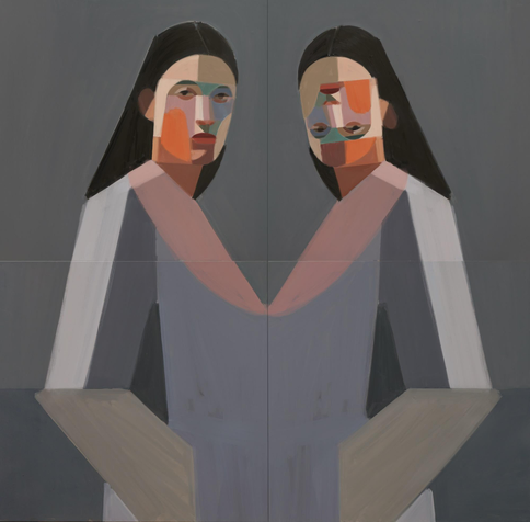 a glitched painted portrait by Kat Kristof on a gray background. two mirrored figures look outward, and one's face is upside down