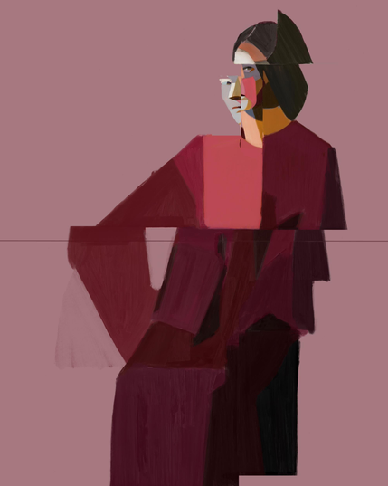 a glitched painted portrait by Kat Kristof on a pink background. the women's body appears fragmented on a central line