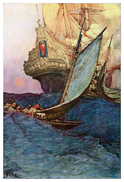 A stately galleon, seen from the stern, has smoke rising from its deck as it is chased and attacked by pirates in small sailboats.