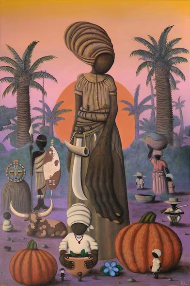 Art by Jamaican-born artist Paul Lewin depicting the legend of Grandy Nanny, Jamaica’s only female National Hero, and the pumpkin seeds.

A village scene with coconut trees and faceless people: a short figure who is masked from head to toe; a warrior holding a spear and shield; a woman balancing a basket on her head, a young boy and girl on either side of her; and a seated man in front of a drum, a rifle strapped to his back. A seated horned cow is in their midst. In the foreground, a tall woman, wearing a large brown headwrap, short-sleeved blouse, and long skirt with an abeng and a cutlass in a cloth belt around her waist, regards the larger of two pumpkins. One of her hands is bigger than normal. She’s flanked by two coconut trees in the background and seems to split an orange sun beyond them. A woman clothed in white sits at her feet, holding a calabash filled with what could be herbs. A tiny nude, brown, human-shaped figure and a white one clad in a black suit and hat, both with eyes, are in front of the calabash. Did the woman in white make them? Maybe. A small child, also in white, is standing in front of the larger pumpkin and appears to be looking at the two figures.