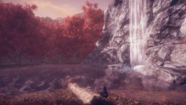 A lone figure with cat-like ears sits by a calm pond, watching a tall waterfall cascade down rocky cliffs. The scene is surrounded by red-leaved trees under a soft pink sky, giving it a tranquil autumn atmosphere.