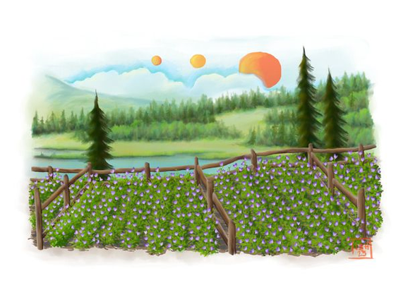 Landscape with a field of purple pea flowers in the foreground, and across a lake, gentle forest-clad mountains fade into the distance under the light of three orange suns.