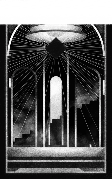 Black-and-white composition showing an architectural interior made of arches, staircases and geometric structures. The space appears complex and fragmented, with a strong contrast between light and shadow.

(Description generated by AI and me)