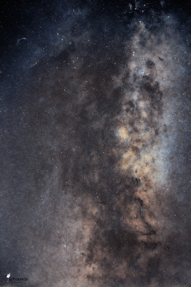 A section of the night sky containing countless stars forming a bright vertical band. Large, dark, cloud-like areas block out the yellow light from the stars behind.