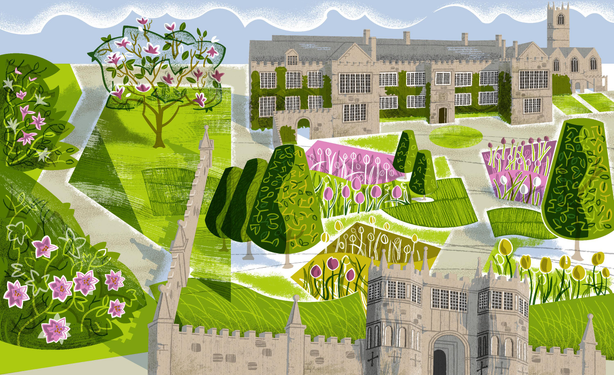 A full colour illustration of Lanhydrock in Cornwall, including the gatehouse, Lanhydrock House and gardens.