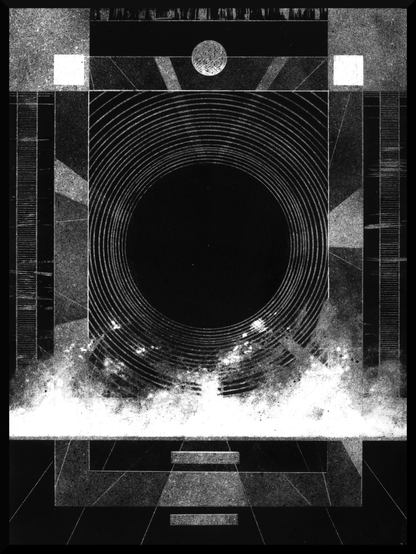 A black and white photograph depicting a monumental architectural structure dominated by a vast circular opening at its center. Concentric rings radiate outward, framed by geometric stone walls and stairways leading toward the void. Mist or smoke drifts along the base of the composition, softening the rigid lines. The image evokes the texture, tonal range, and atmospheric depth of early 20th-century large-format film photography.    (Description by IA and myself)