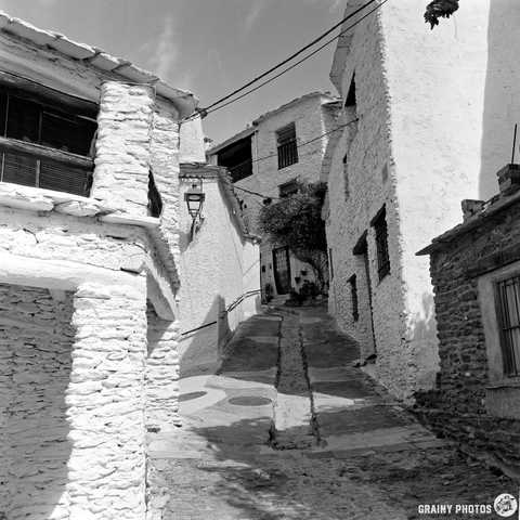 Narrow, steep stone alley lined with old whitewashed houses with shuttered windows, in Capileira, Spain, on a sunny day. A few plants and a hanging lantern add charm to this picturesque Mediterranean village scene.