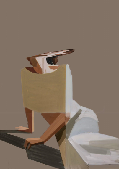 a glitched painted portrait by Kat Kristof on a beige background. the woman's head appears to bend backward