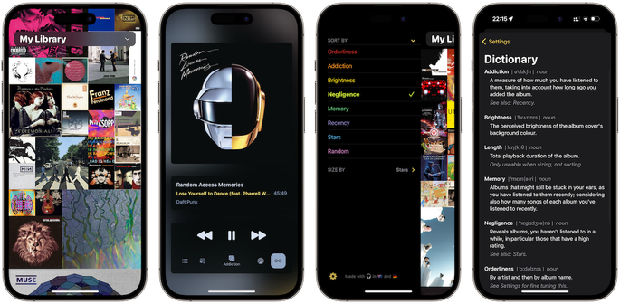 Row of four iPhone screenshots:
- The album wall, which now has a collection picker
- The new now playing screen, including a shuffle button
- The various sort orders, including the new Memory sorting
- An in-app dictionary of the sort orders