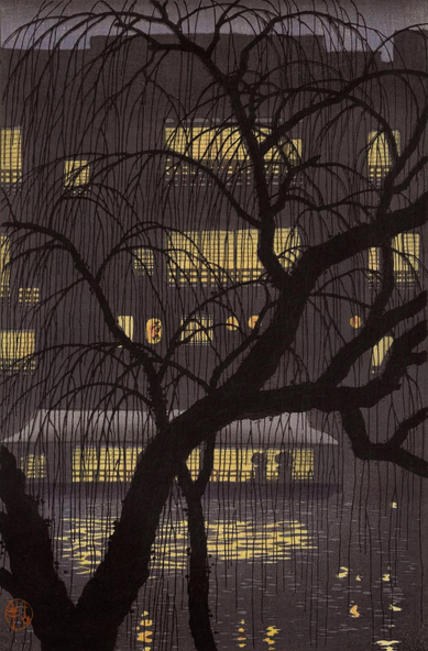 A pair of wiry, leafless trees screen an evening view of Osaka's Dotonbori River. Across the water, hanging lanterns and warm lights glow in the windows of a multi-story building; below, reflected light is scattered on the surface of the river. Above, the starless evening sky is a dim purple.