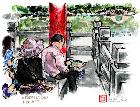 Pencil crayon and ink illustration of a trio of artists sitting on a stone platform with a vivid red pillar. All of them are working on illustrations and paintings of a view of a moon bridge across from them in a lake, with greenery all around.