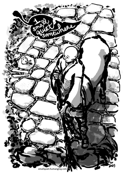 1 small quiet somewhere. Black and white brush-style illustration of Kanthaka, a centaur who looks like a Buddhist monk sweeping a cobblestone path and looking over his shoulder. He smiles at Little Yì, a small hamster-like creature behind him who is also dragging along a tiny broom and making neat piles of pebbles or dust.