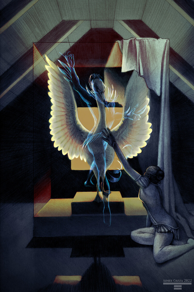 An illustration of a dark attic with one window, where dim yellow-orange is shining through. Illuminated by the window is a large glass box with a taxidermied white swan inside, wings outstretched, feathers catching the light. A piece of fabric hangs off of the right aide of the box. A woman is knelt by the right side of the box, reaching up onto the surface of it. The front surface of the glass box has a ghostly illumination of a man on it, posed similar to the swan.