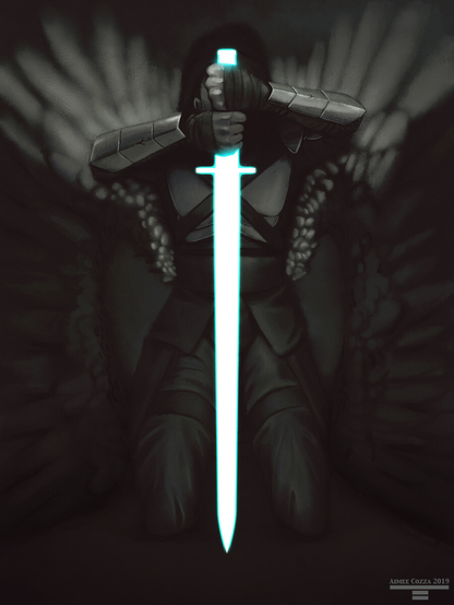 An illustration of a partially armor-clad man kneeling. He has large black and white wings and is leaning on a two-handed broad sword pointed down into the ground.