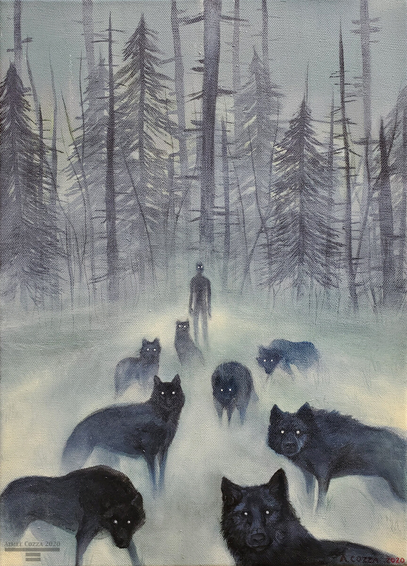 An oil painting of a foggy, monochrome forest with a singular man with glowing eyes standing in front of it. Before him are multiple shadows of wolves, their eyes glowing in the darkness as well.