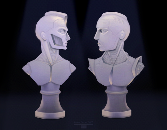 A digital drawing of two "marble" busts, both in profile, facing each other. Both are robotic sculptures, and they are gazing into each other's eyes.