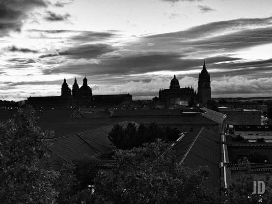 Paisaje urbano con techos y catedrales al amanecer, en tonos negros y grises.