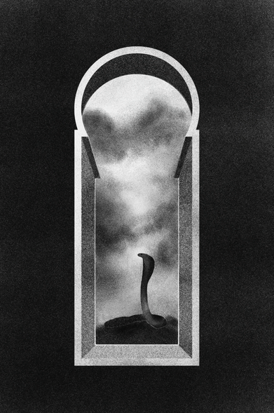 A black-and-white photograph presents a monumental arched structure resembling an ancient stone niche. Inside, a sinuous, organic form rises from a dark base, partially veiled by a misty atmosphere. A small circular aperture near the top allows a faint beam of light to enter, illuminating the interior with a diffuse, spectral glow. The image has the grain and tonal range characteristic of early 20th-century film photography, giving the scene a timeless, architectural solemnity