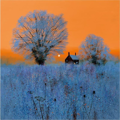 A serene winter landscape featuring two large frosted trees and a small house at sunset. The sky is a vibrant orange, contrasting with the icy blue tones of the foreground, which is filled with grass and wildflowers. The sun is setting in the background