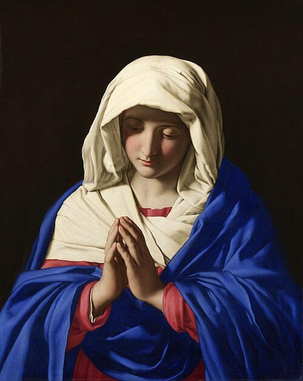The Virgin in Prayer by Sassoferrato shows the Virgin Mary wearing blue.