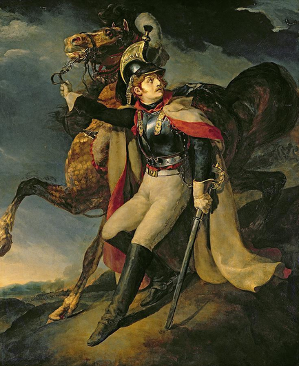 a painting of a helmeted man on a rocky hillside holding a horse's reigns, he is holding a sword in a scabbard in the other hand, looking behind him, dark clouds and smoke behind him , the horse rearing back and lifting one of its front legs 