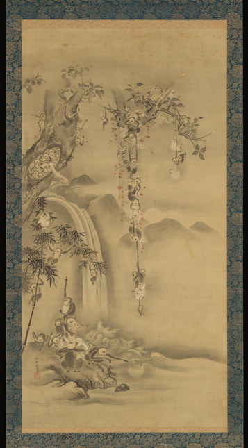 A traditional Chinese painting featuring a serene landscape with a waterfall, mountains, and multiple monkeys interacting with each other amid foliage. The artwork includes decorative elements and a floral border.