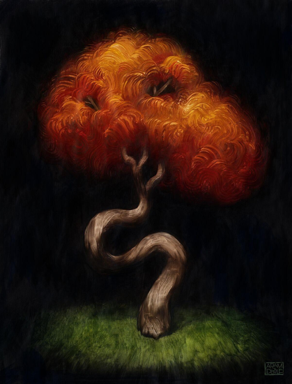 a tree painting with a swirling orange canopy