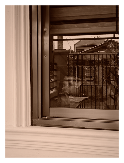 A dog from inside a house, looking out a window. The image is split between a light-colored, textured wall on the left and the window pane on the right. The glass creates a layered effect, showing a faint reflection of the interior, superimposed over the view of an outdoor scene that includes a fence, foliage, and another building. - Google Gemini 2.5 Pro