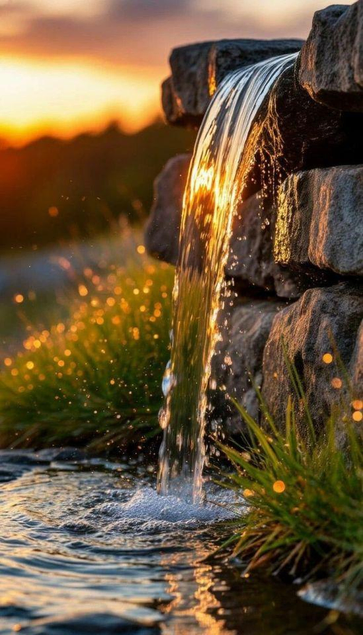 A tiny waterfall at sunset, frozen in time.